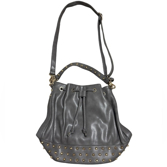 Gray Faux Leather Studded Bucket Bag – Drawstring Shoulder Purse - Picture 8 of 11